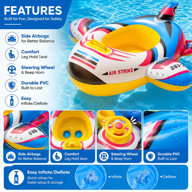Kids Inflatable Airplane Pool Float for Summer Water Fun –