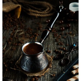 DEMMEX Thickest Copper Turkish Greek Arabic Coffee Pot, Stovetop Coffee Maker, Cezve Ibrik Briki with Wooden Handle & Wooden Spoon, Hand Engraved (Antique Copper, 15 fl Oz)