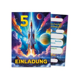 12 Invitation Cards Including 12 Envelopes for 5th Children's Birthday Boys Girls Rocket Cool Colourful Invitations Fifth Birthday Children Boys Birthday Space Birthday Invitations