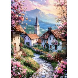QINRUBB DIY Village Church Diamond Painting Adults, 5D Colourful Flowers Diamond Painting Pictures Beginners, Path Round Full Drill Diamond Art Kits Embroidery Cross Stitch Gifts Home Wall Decor 30 x
