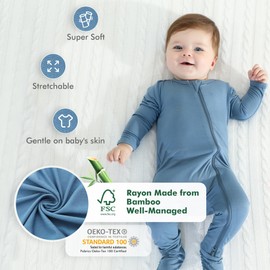 HAPIU Rayon from Bamboo Baby Footed Pajamas, 2 Way Zipper YKK, Footie for Baby Boy Girls, Newborn-24 Months, 2-Pack, Light Heather Grey&Moonlight Blue, 3-6 Months