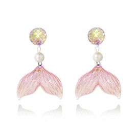 Mermaid Earrings for Women Mermaid Scales Clip on Earrings Pearl Fishtail Dangle Drop Earrings for Women Beach Jewelry (Pink)