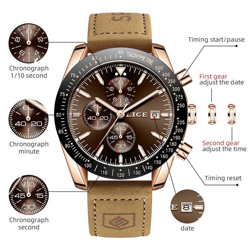 LIGE Men's Chronograph Wrist Watch Business Dress Waterproof Quartz Analog
