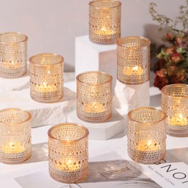 40Pcs Glass Votive Candle Holders, Amber Tea Light Candle Holders Vintage Fall Tealight Candle Holder Bulk for Autumn, Thanksgiving Table Centerpieces, Christmas Decor (Gold)