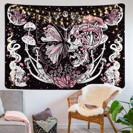 Yrendenge Skull Butterfly Tapestry Hippie Mushroom Wall Hanging Aesthetic Moth Tapestries Moon and Stars Room decor for Bedroom Livingroom College 210*150cm（83×59inches）