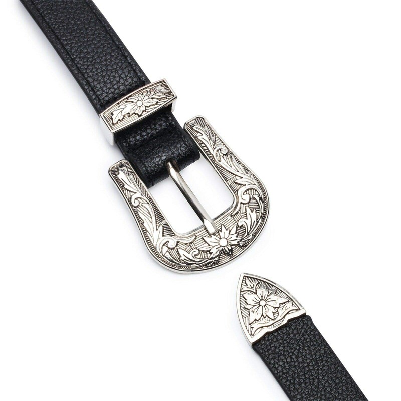 Trimming Shop Retro Women's Silver Double Buckle Faux Leather Hip