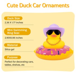 wonuu Car Rubber Duck Car Duck Decoration Dashboard Car Ornament for Car Dashboard Decoration Accessories with Mini Sun Hat Swim Ring Necklace and Sunglasses, A-Cowboy Hat Purple&Donut