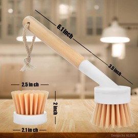 NINU Dish Brush with Handle with 3 Replacement Heads, Eco Brosse Vaisselle, Dish Scrub Brush, Dish Scrubber Brush, Vegetable Brush, Wok Brush for Cleaning Kitchen Utensils