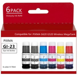 oranysty 23 Compatible Ink Bottle Replacement for Canon pixma GI23 GI-23 use with Canon PIXMA G620 G520 Printer (Black Cyan Magenta Yellow Red Gray) 6 Pack 70ml Ink Refills (6 Colors)