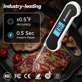 0.5 Sec Instant Read Meat Thermometer Digital with ±0.5℉ Precision, 100% Waterproof Auto Flip Bright LCD Screen, Motion Sensing Food Thermometer for Cooking Kitchen Oven Grill Candy BBQ, White