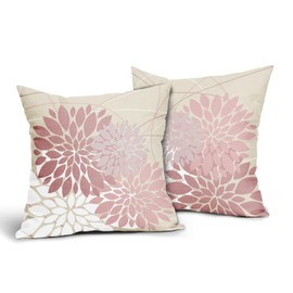 Pink Flower Pillow Covers 18x18 Grey Gray White Dahlia Floral Spring Decorative Throw Pillows Farmhouse Outdoor Seasonal Decor for Home Sofa Bed Couch Modern Square Cushion Cases, Set of 2