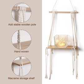 CIOUYAOS Floating Shelves Wall Decor, Decorative Home Accessories Boho Macrame Rope Wooden Art Rustic Mounted White Small Hanging Shelf for Living Room Bedroom Nursery Home House Kitchen (Quadrangle)