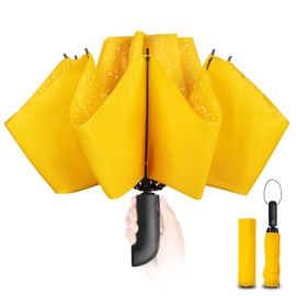 Compact Umbrella Windproof Strong - Automatic Windproof Inverted Umbrellas for Men and Women, 210T Fabric 105cm Span, 10 Large Ribs Yellow Umbrella