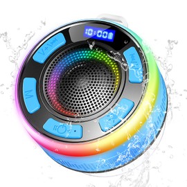 Bluetooth Shower Speaker, Portable Wireless Speaker IP7 Waterproof with Suction Cup, Dynamic LED Lights and Dual Stereo Pairing, Handsfree Bathroom Speaker with Mic for Bathroom, Outdoor, 10H