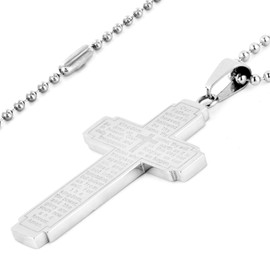 Crucible Jewelry Mens Stainless Steel Silver Tone Lord's Prayer Cross Pendant Necklace, 24", White
