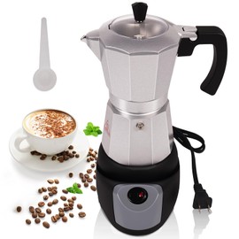 Aluminum Electric Moka Pot 5-6 Cup 270ml Express Coffee Maker Stovetop Espresso Portable Coffeemaker Italian Classic Brewing Greca Cafe Mocha with Removable Base and Overheating Protection Machine