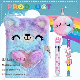 PESLNG Cat Plush Notebook Set, Diary Girls Notebook for Girls Plush A5 Travel Diary School Notepad Children Girls Festival Birthday Gift, Cartoon Bear Diaries