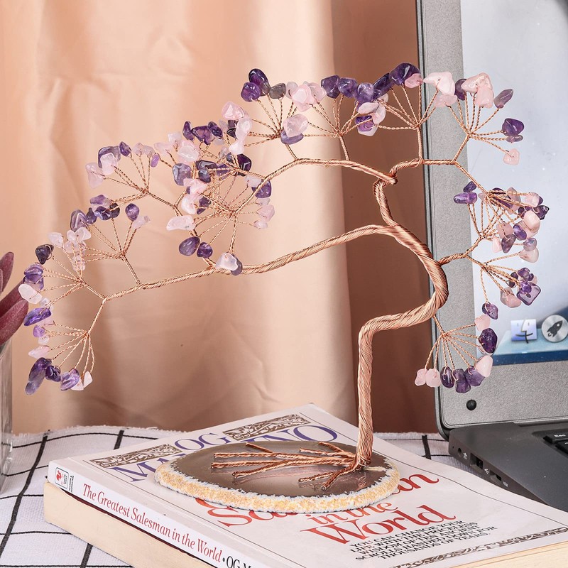 Nupuyai Irregular Amethyst & Rose Quartz Crystal Tree with Agate
