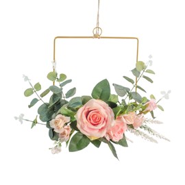 Floral Hoop Wreath Artificial Rose Flower Wreath Metal Geometric Frame Wall Mounted Simulated Wreath Home Wall Decoration