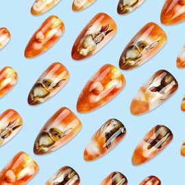 24 Pcs Medium Almond Press on Nails Easter Fake Nails Glossy False Nail with Cute Bunny Designs Orange Acrylic Full Cover Glue on Nails for Women Girls Artificial Rabbit Nails