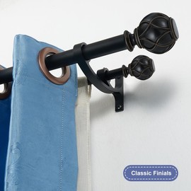 Matte Black Double Curtain Rods, 72 to 144 Inches, Classic Finials, Adjustable 1-Inch Front and 5/8 Inch Back Window Rods