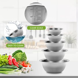 LYFJXX 5 Pcs Mixing Bowls with Scale, Stainless Steel Mixing Bowls Set, Nesting Whisking Bowl Set for Cooking, Baking, Serving, Food/Salad Prep