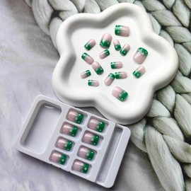 St. Patrick’s Day Press on Nails Short False Nails Gradient Green Fake Nails with Designs Glitter Clover Nails Press on Acrylic Nails Coffin Full Cover Glue on Nails White Flower for Women and Girls