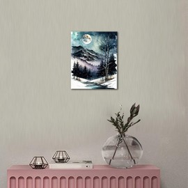 TISHIRON DIY Paint by Numbers for Adults Painting Winter Scene in Watercolor Adults' Paint by Number Kits Moon a Mountain and Trees Art Oil Hand Painting Paint Kits Art Crafts for Home 16x20 in