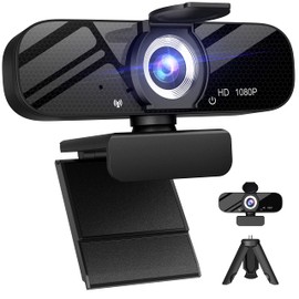 Full HD 1080P Webcam with Microphone, Wide Angle, Rotatable Tripod, Privacy Cover