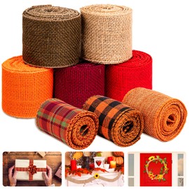 Whaline 8 Burlap Ribbon Roll - Assorted Fall Wired Wrapping, Rustic Plaid Red Orange Brown Nature Craft for Gift Wrapping, Thanksgiving, Christmas, Wedding, Autumn Harvest Wreath Decor, 26 Yard