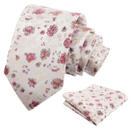 Alizeal Mens 3.15inches Light Color Rustic Tie with Flower Printed Handkerchief, Champagne+Burgundy