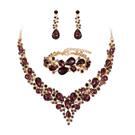 BriLove Bridal Jewellery Set for Wedding Women Rhinestone Crystal Teardrop Cluster Statement Necklace Dangle Earrings Link Bracelet Deep Amethyst Color Gold-Tone