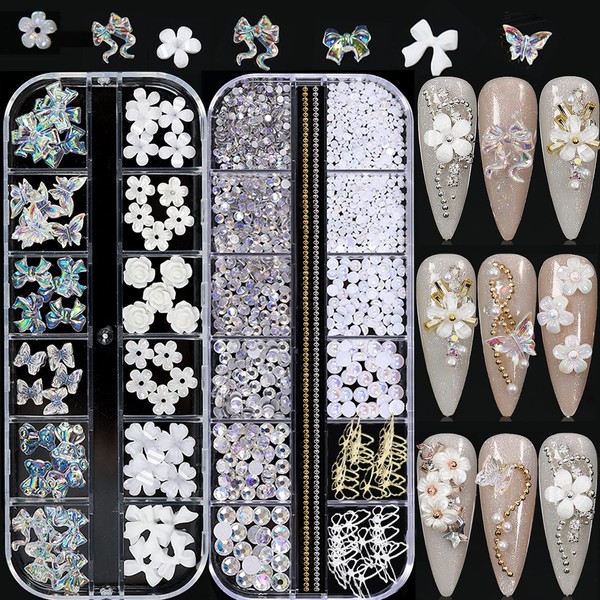 3D Acrylic Butterfly White Flowers Bear Nail Charms Cute Nail Charms Mixed Starry AB Crystal Nail Rhinestones Multi Sizes Crystal Gems Stones for Nail Art DIY Jewelry Accessories Crafting