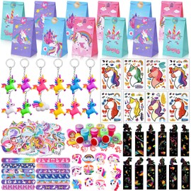 184 Pieces Unicorn Party Bag Children's Birthday Girl Unicorn Scratch Pictures Snap Bracelet Keyring Rings Stamp DIY Sticker Gift Bags Give Away Gift Bag Birthday Gifts Children
