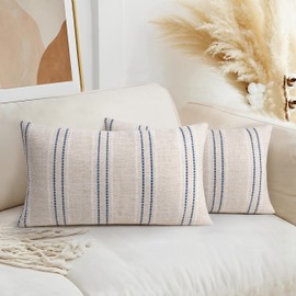 AELS 12x20 Decorative Farmhouse Linen Throw Pillow Covers, Boho Textured Pillow Case, Set of 2, Beige with White & Navy Blue Stitch Yarn Dyed Stripe Cushion Cover for Couch Living Room (Cover ONLY)