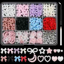 Artdone Nail Art Studs Kit, 12 grids 8 Colors 3D Charms and Pink Mix White Star Heart Moon Cute Nail Jewels for DIY Decoration with Pickup Tools