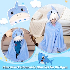 FVNPIHAM Wearable Blanket Hoodies, Cute Shark Wearable Blanket with Hood & Gloves, Flannel Blanket Hoodies for Women, Teen Girls & Kids, Blue Blanket Valentine Gifts