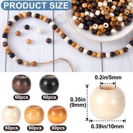 HINZIC 300pcs Large Hole Wooden Beads, 9x10mm Round Wood Hair Beads, Vintage Wooden Spacer Beads for Earrings Bracelets Anklets Jewelry Making Hair Accessories Keychains DIY Crafts- 5 Colors
