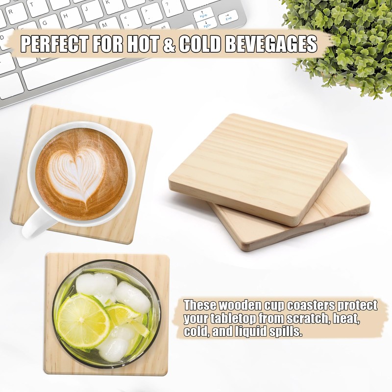 24 PCS Unfinished Square Wood Coasters, SIJDIEE 4 Inch Blank