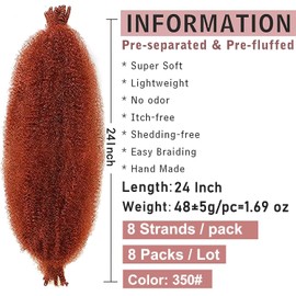 Xtrend Springy Afro Crochet Hair 24 Inch Pre Separated Spring Twist Hair Marley Crochet Hair for Soft Locs Distressed 8 Strands/Pack 350# 8 Packs