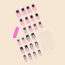 Press on Nails Medium Square Black Pentagram False Nails Pink French Tip Fake Nails Full Cover Acrylic Nails Silver Stars Artificial Coffin Nails Reusable DIY Stick on Nails Set Glue on Nail for Women