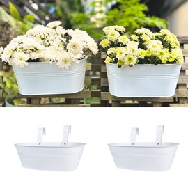 LaLaGreen Planter Boxes for Outdoor (2 Pack, 17 Inch) White Metal Deck Railing Hanging Flower Pots, Large Window Box Plant Holder Hooks Fence Rail Bucket Outside Boho Style Wall Mount Porch Herb Decor