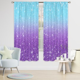 Cinbloo Girly Blue Purple Curtains 42W x 63L Inch Rod Pocket Not Glitter Colorful Teal Spot Girls Bedroom Decor Ombre Turquoise Dots Mermaid Princess Living Room Window Drapes Fabric 2 Panel