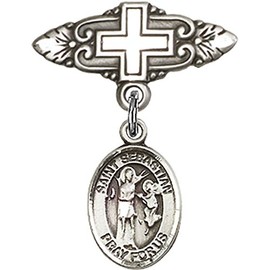 Bonyak Jewelry Saint Medal Collection Sterling Silver Baby Badge with St. Sebastian Charm and Badge Pin with Cross 1 X 3/4 inches