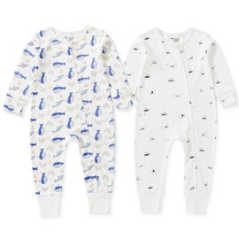 Minicoco Baby Player Set of 2 Organic Cotton Romper for Newborn Girls Boys Long Sleeve Romper Bodysuit Baby Clothing Without Feet, Boat + Whale