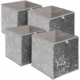OHS Pack Of 4 Crushed Velvet Storage Boxes Set Home Bathroom Collapsible Foldable Toys Pop Up Folding Cube Box, Charcoal Grey