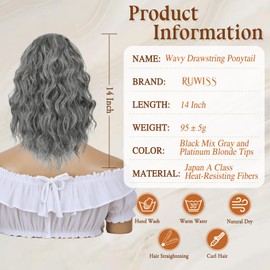 RUWISS Ponytail Extension - 35 cm Wavy Curly Drawstring Ponytail Hair Extension Short Ponytail Hairpiece Synthetic Hairpieces for Women (Black Mix Grey)