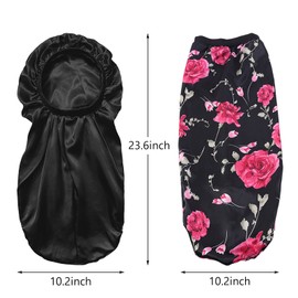 Pack of 2 Long Satin Bonnet Silk Bonnet for Sleeping Night Sleep Hat Adjustable Silk Hood Sleeping Cap Headgear Elastic for Women and Girls (Black, Flower)