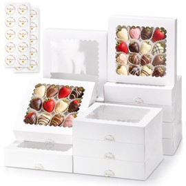 SHINXIOS 20pcs Bakery Boxes with Window, 10x10x2.5 inches White Treat Boxes for Desserts, Cookie, Pastry, Chocolate Strawberries and Pie