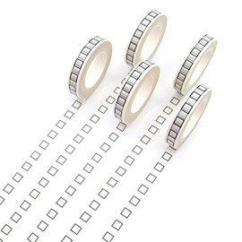 NUOMI 6 Pcs Washi Tape 8 MM Thin Masking Tapes Mini Black Square Pattern Sticky Decor Tape Self Adhesive Craft Tape for Home, School, Office, DIY, Scrapbooking, Gift Wrapping, Photos, White